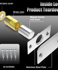 Inside view of Upgraded Super Sturdy Magnetic Door Catch Adjustable Silent Ball Latch with brass case and stainless steel plate.