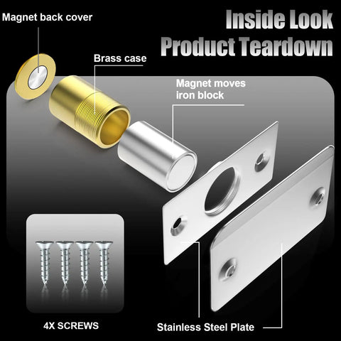 Inside view of Upgraded Super Sturdy Magnetic Door Catch Adjustable Silent Ball Latch with brass case and stainless steel plate.