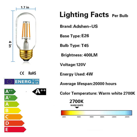 Old School Edison Style LED Filament Tubular Bulbs Pack Of 6, 4W Low Watt, 2700K Warm White E26 Dimmable details and specs