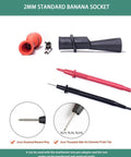 Insulated Alligator Clips For Multimeter With 2mm Probe Tips And Flexible Boots illustrated with red and black components