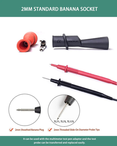 Insulated Alligator Clips For Multimeter With 2mm Probe Tips And Flexible Boots illustrated with red and black components