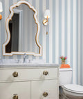 Top Shelf Classic Traditional Leather Grain Vinyl Wallpaper Hella Durable Type Ii Commercial Grade Wallcovering Built Tough For Offices And Event Spaces Professional Paste Applied Custom Print in a stylish bathroom with striped walls.