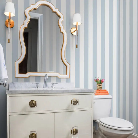 Top Shelf Classic Traditional Leather Grain Vinyl Wallpaper Hella Durable Type Ii Commercial Grade Wallcovering Built Tough For Offices And Event Spaces Professional Paste Applied Custom Print in a stylish bathroom with striped walls.