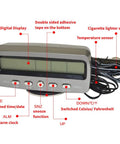 Front view of Riloer 4-in-1 LED car display kit; thermometer, voltmeter, clock; silver plastic housing with wiring