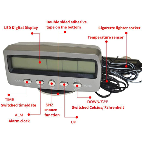 Front view of Riloer 4-in-1 LED car display kit; thermometer, voltmeter, clock; silver plastic housing with wiring