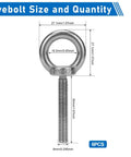 Six Pack M6 Stainless Steel Eye Bolts With Nuts, 2 Inch Thread Length, showing bolt dimensions and corrosion resistance.