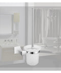 Heavy Duty Wall Mount Toilet Brush Holder With Screw Base Featuring Grippy Commercial Suction And Rock Solid Black Construction Including Glass Cup in bathroom setting.