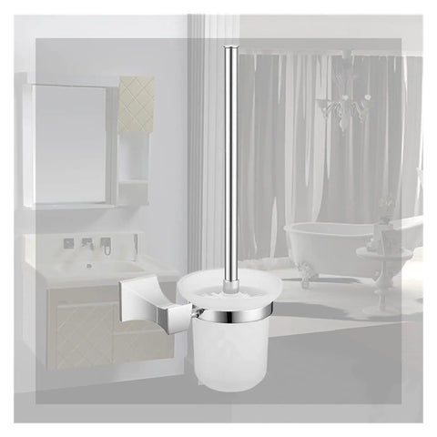 Heavy Duty Wall Mount Toilet Brush Holder With Screw Base Featuring Grippy Commercial Suction And Rock Solid Black Construction Including Glass Cup in bathroom setting.