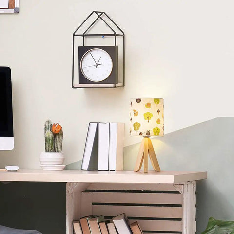 Tripod Table Lamp For Kids Bedroom Nightstand With Kid Friendly Cartoon Linen Lampshade, Wood Tripod Base, Compact Desk Light For Reading