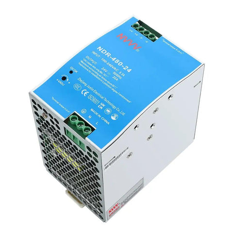 24V DC Industrial DIN Rail Power Supply With 480W Output, 20A Max, Universal 85-264VAC Input, Built-In Active PFC, Silver and Blue