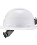 Hard Hat With Light And Full Brim Ratchet Suspension Class E Skullerz 8971LED White side view with LED light and ratchet strap