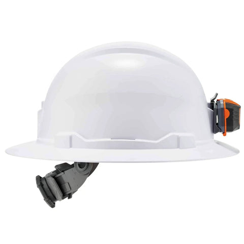 Hard Hat With Light And Full Brim Ratchet Suspension Class E Skullerz 8971LED White side view with LED light and ratchet strap