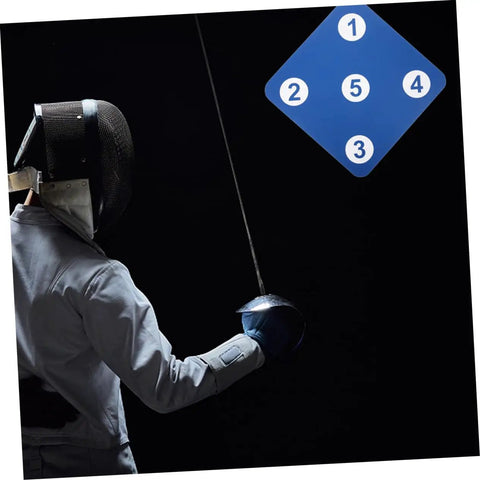 Fencer practicing with Two Pack Rubber Fencing Targets For Practice And Training, durable blue target on wall.