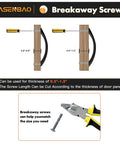 Diagram showing breakaway screws cutting for 0.5"-1.3" thickness, used for doors; includes pliers and screws illustration.