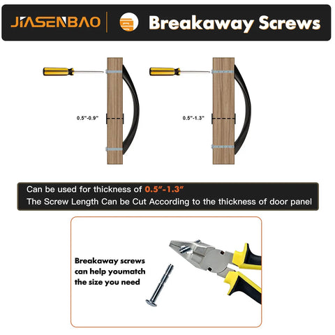 Diagram showing breakaway screws cutting for 0.5"-1.3" thickness, used for doors; includes pliers and screws illustration.