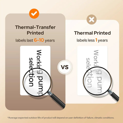 Comparison of thermal-transfer versus thermal printed labels with magnifying glass, highlighting label lifespan differences.