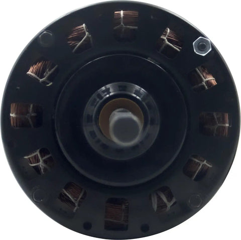 End view of an RV Air Conditioner Fan Motor With Capacitor One Third HP 115 Volt 1675 RPM Two Speed Plug And Play Replacement Sleeve Bearing