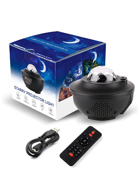 Stellar Sky Projector 3 In 1 Nebula Moon And Star Light With Music Bluetooth Speaker RGB Color next to box, remote, and cable