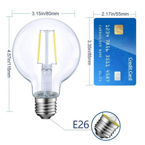 12 Pack 5W Dimmable LED Edison Light Bulbs G25 Globe With Ultra Thin Clear Glass Filament Look For Retro Vibe 60W Equivalent 5000K Daylight Christmas Light E26 Base ETL Listed next to a credit card showing size comparison and E26 base detail