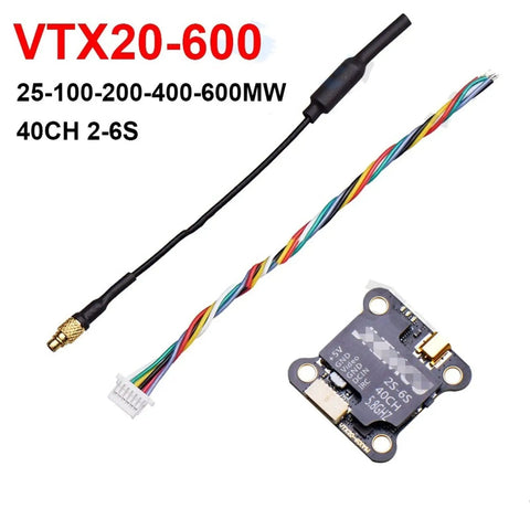 VTX20-600 5.8G 40CH FPV Transmitter, black antenna and multicolor wires, compact 20x20mm board for RC racing drones