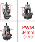 PWM Carburetor Fuel Supply Kit For 34mm To 42mm Carbs Universal 2T Racing Motorcycle Scooter Kart with dimensions labeled