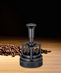 Killer Rotatable Espresso Coffee Distributor Stirrer Featuring Adjustable Height And Durable Aluminum Alloy Build That Smashes Clumps And Fluffs Grounds Dead Even Fresh Out The Box Top Tier Barista Gear Hits Different For Your Daily Shot Routine on a wooden surface with coffee beans.