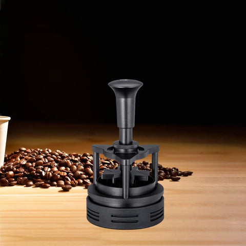 Killer Rotatable Espresso Coffee Distributor Stirrer Featuring Adjustable Height And Durable Aluminum Alloy Build That Smashes Clumps And Fluffs Grounds Dead Even Fresh Out The Box Top Tier Barista Gear Hits Different For Your Daily Shot Routine on a wooden surface with coffee beans.