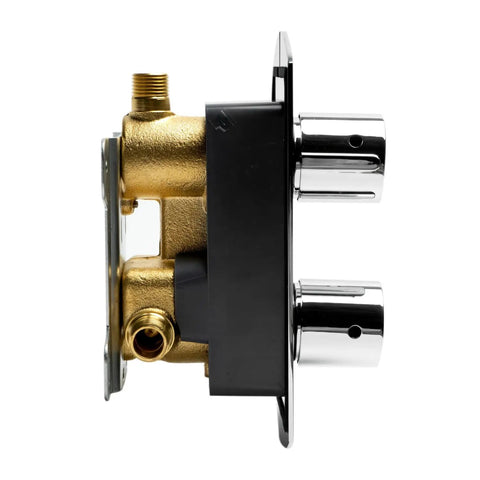 HomeStock Modern Single Panel Shower System with Hot Cold On Off Functions, Polished Finish valve with gold and chrome details side view.