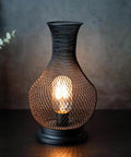 11 Inch Tall Metal Battery Operated Table Lamp In Vase Shape With Mesh Design, Cordless Led Bulb Light For Indoor Outdoor Decor