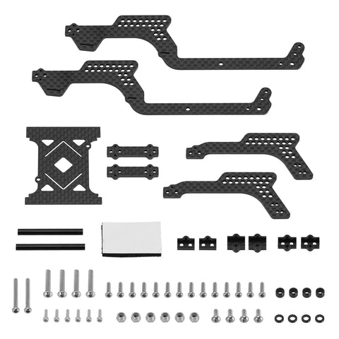39g LCG Carbon Fiber Chassis Frame Kit With 6g Battery Tray for 1/18 TRX4M RC Crawler parts spread on white background