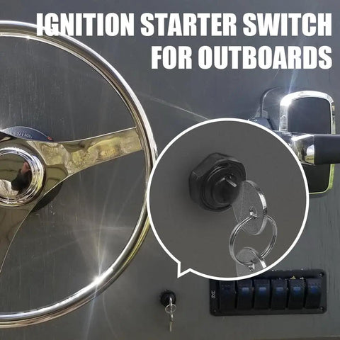 Outboard Ignition Key Switch 77 Series Replacement for older boats, steering wheel and key detail, durable locking ignition