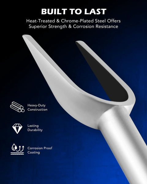 Close-up of a steel fork from the Five Piece Pickle Fork Tool Set For Ball Joints Tie Rods Pitman Arms Removal, showing durability icons.