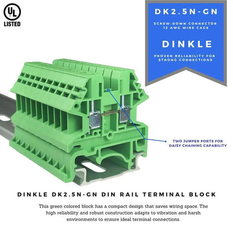 Green DK2.5N-GN DIN Rail Terminal Block Screw Type UL 600V 20A 12-22AWG Pack Of 100 For Space Saving Wiring, Vibration Resistant