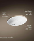 Undermount Single Bowl Bath Sink With Sealed Overflow In White Vitreous China, Durable Under Counter Design, dimensions shown.