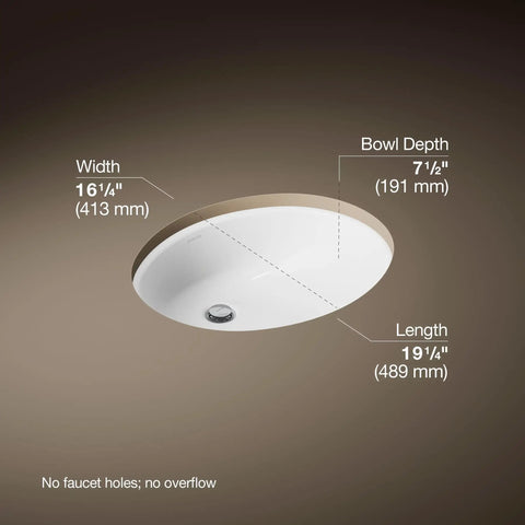 Undermount Single Bowl Bath Sink With Sealed Overflow In White Vitreous China, Durable Under Counter Design, dimensions shown.