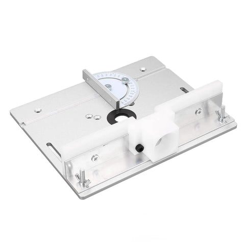 Slick Aluminum Router Flip Board With Heavy Duty Plastic Backer For No Sweat Bit Swaps On Table Saw Lift Plates And Awesome Woodworking Projects, top view with angle gauge.