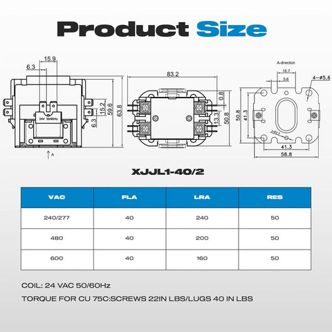 Diagram of 2 Pole 40 Amp 24V AC Contactor for HVAC outdoor units with dimensions and specifications, including silver alloy contacts and copper coil.