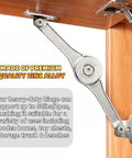 Solid Steel Cabinet Lid Support Hinges Two Pack Heavy Duty Folding Door Stays Zinc Coated Finish holds fifty pounds on wooden cabinet.