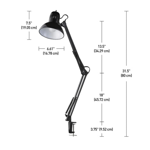 32 Inch Swing Arm Clamp On Desk Lamp Black Finish With LED Bulb Included showing adjustable arm and dimensions