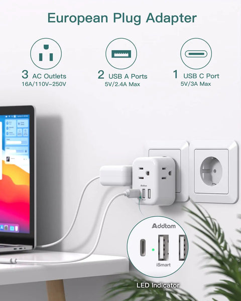 2 Pack 6 In 1 European Power Plug Adapter converts Type C sockets to 3 US outlets, 2 USB A ports, 1 USB C port, shown in use