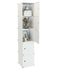 Five Cube Organizer Narrow Cabinet Shelves With Doors 11.8 Inch Cubes Plastic Storage Rack open showing items inside