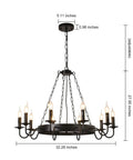 Black Industrial Wagon Wheel Chandelier Pendant Light For Kitchen Rustic Farmhouse Round Candle Style 10 Lights E12 Base Adjustable Height Ceiling Fixture with dimensions and chain detail.