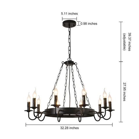 Black Industrial Wagon Wheel Chandelier Pendant Light For Kitchen Rustic Farmhouse Round Candle Style 10 Lights E12 Base Adjustable Height Ceiling Fixture with dimensions and chain detail.