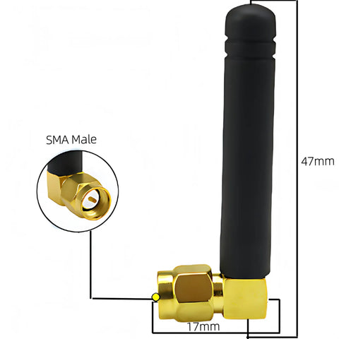 Mini Dual Band WiFi Antenna 3dBi SMA Male 2 Pack Rubber Duck Antennas side view with dimensions and connector details