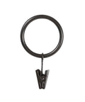 Single clip-on durable black metal curtain ring with smooth glide for 1 to 1 inch and a quarter curtain rods, oil rubbed bronze finish.