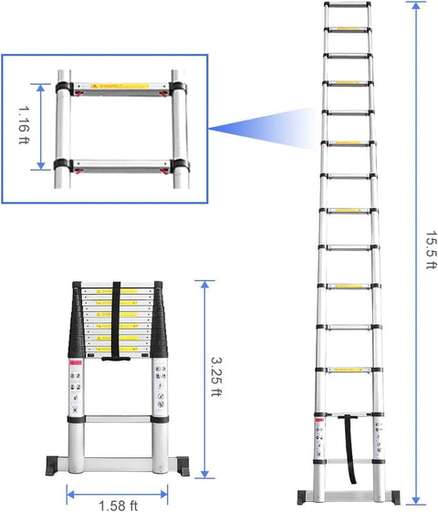 15.5 Foot Aluminum Telescoping Extension Ladder With Stabilizer Bar One Button Retraction Soft Close And Pinch Free 330 Pound Capacity EN131 Certified Ideal For RVs And Home Maintenance, fully extended with dimensions labeled.