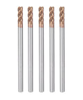 Five Piece 3Mm Square Nose End Mills Set With 3Mm Shank, 4 Flutes, HRC55 Carbide AlTiN Coated CNC Router Bits displayed vertically.
