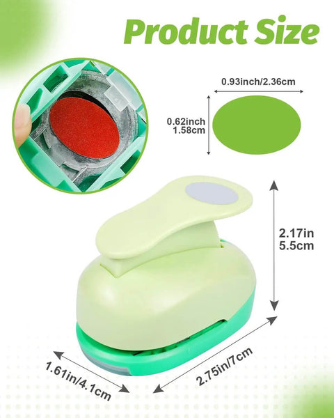 1 Inch Oval Lever Punch for Scrapbooking and Card Making, easy cut paper punch tool shown with measurements and cutting size highlighted