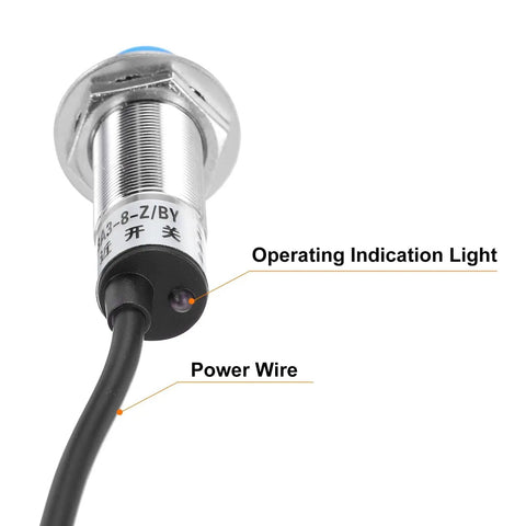 Front view of Inductive Proximity Sensor Switch NO PNP, 8mm Sensing Distance, DC 6-36V, 3.9ft Cable, Model LJ18A3-8-Z BY Compatible.