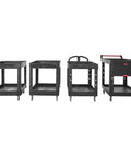 Four two shelf utility carts with lipped shelves and standard handle heavy duty 500 lb capacity for jobsite shop floor warehouse